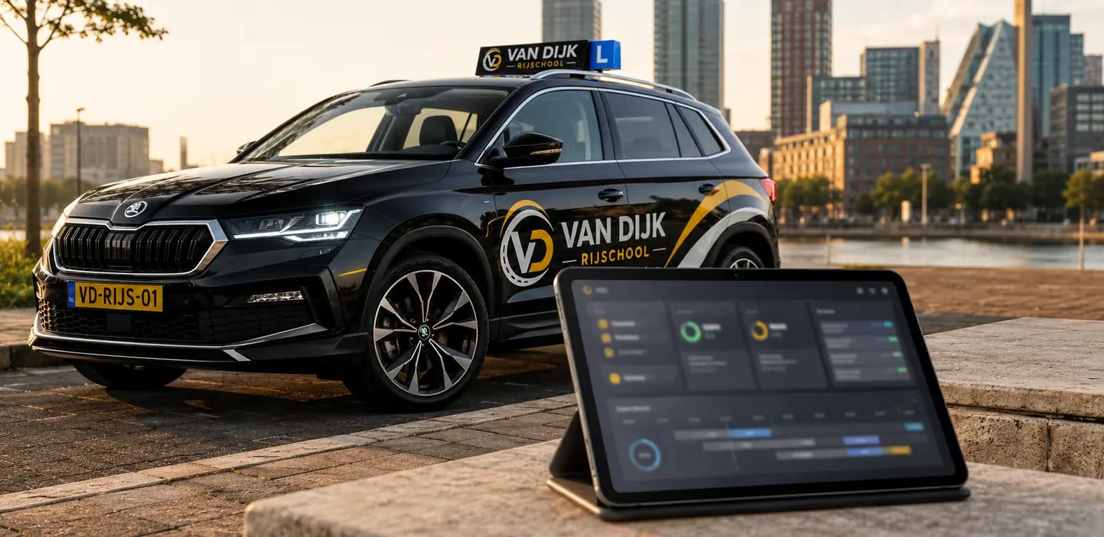 Tablet met een lesvoortgangsoverzicht en de Van Dijk-lesauto op de achtergrond