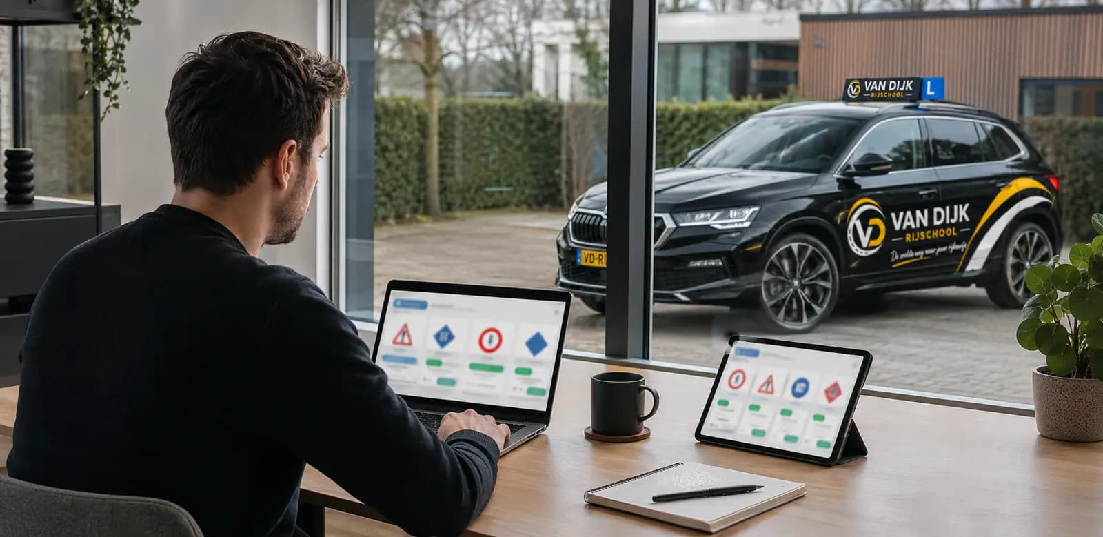 Digitale theorievoorbereiding met de Van Dijk Rijschool-lesauto buiten in beeld