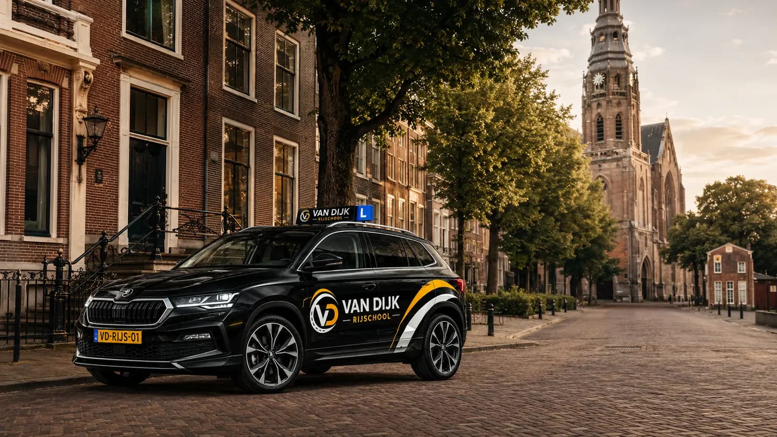 Zwarte Van Dijk Rijschool-lesauto bij de Herenstraat en Oude Kerk in Voorburg